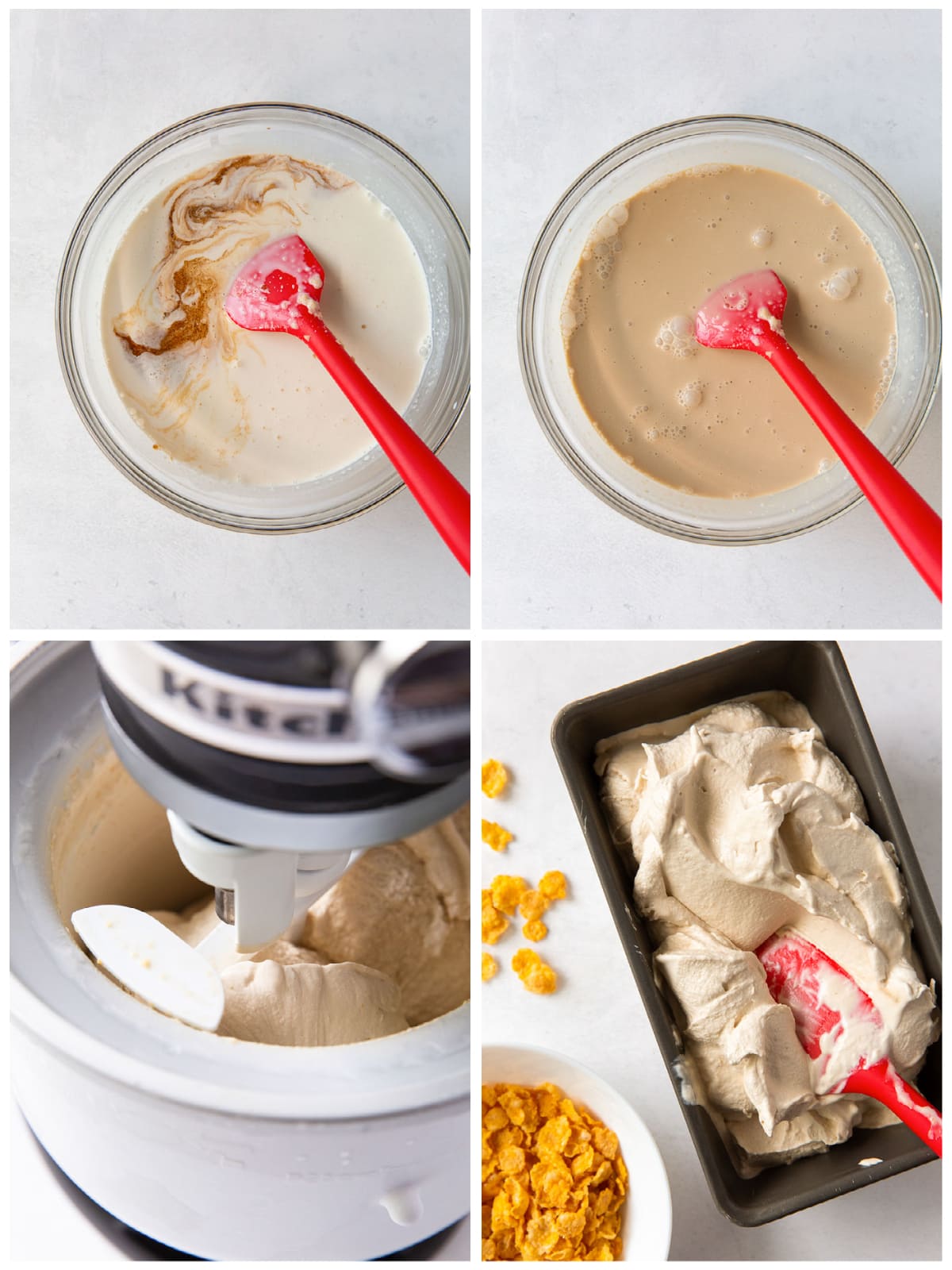 photo collage demonstrating how to make mixture for cereal milk ice cream in ice cream maker