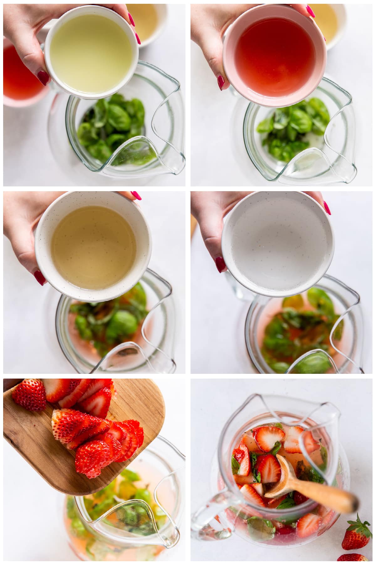 photo collage demonstrating how to make strawberry mojito with basil