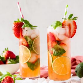 two strawberry basil mojitos in glasses