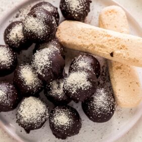 plate of chocolate tiramisu truffles with ladyfingers