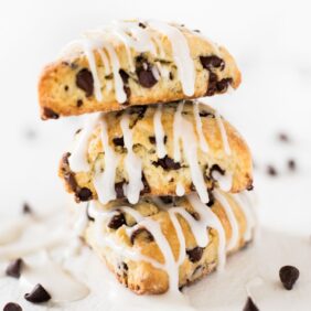 two bite chocolate chip mini scones stack of three with glaze