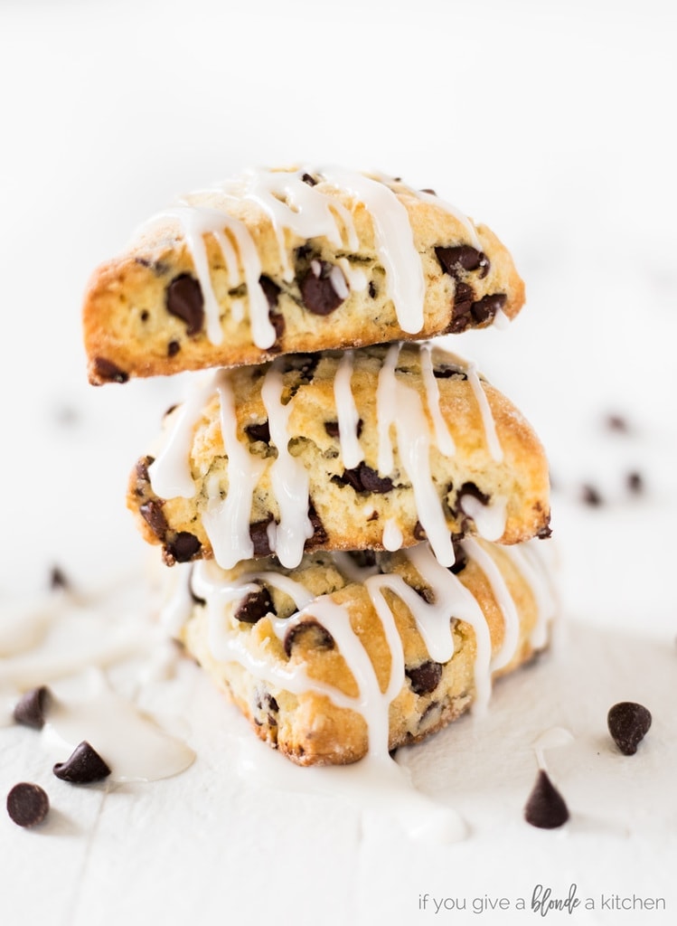 two bite chocolate chip mini scones stack of three with glaze