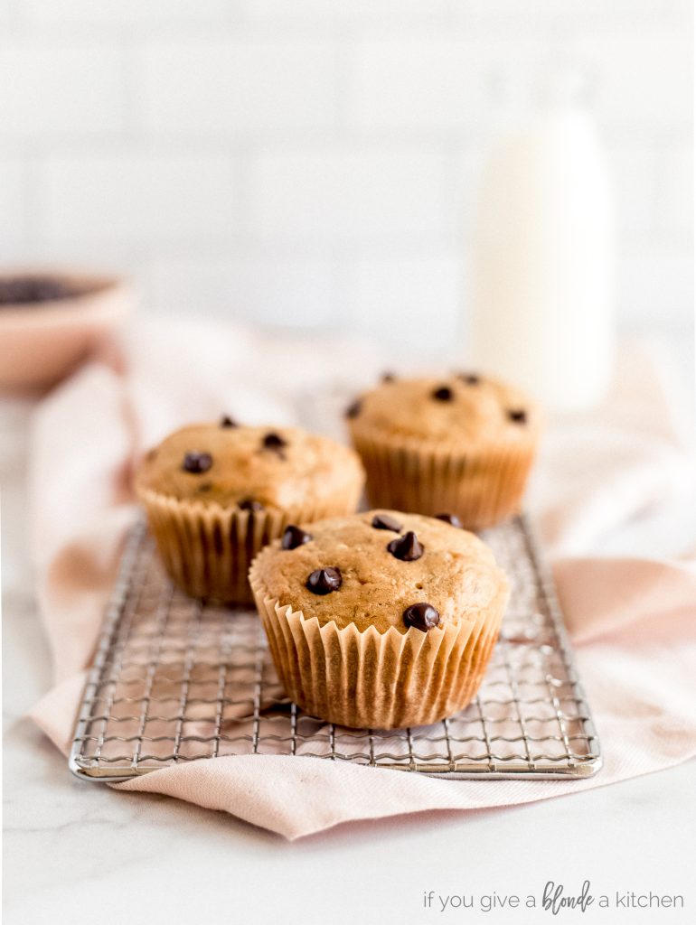 banana chocolate chip muffins on cooling rack