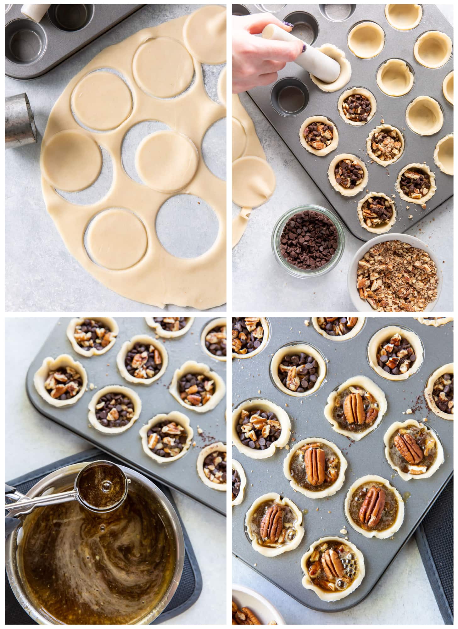 photo collage demonstrating how to assemble mini derby pies in a mini muffin tin