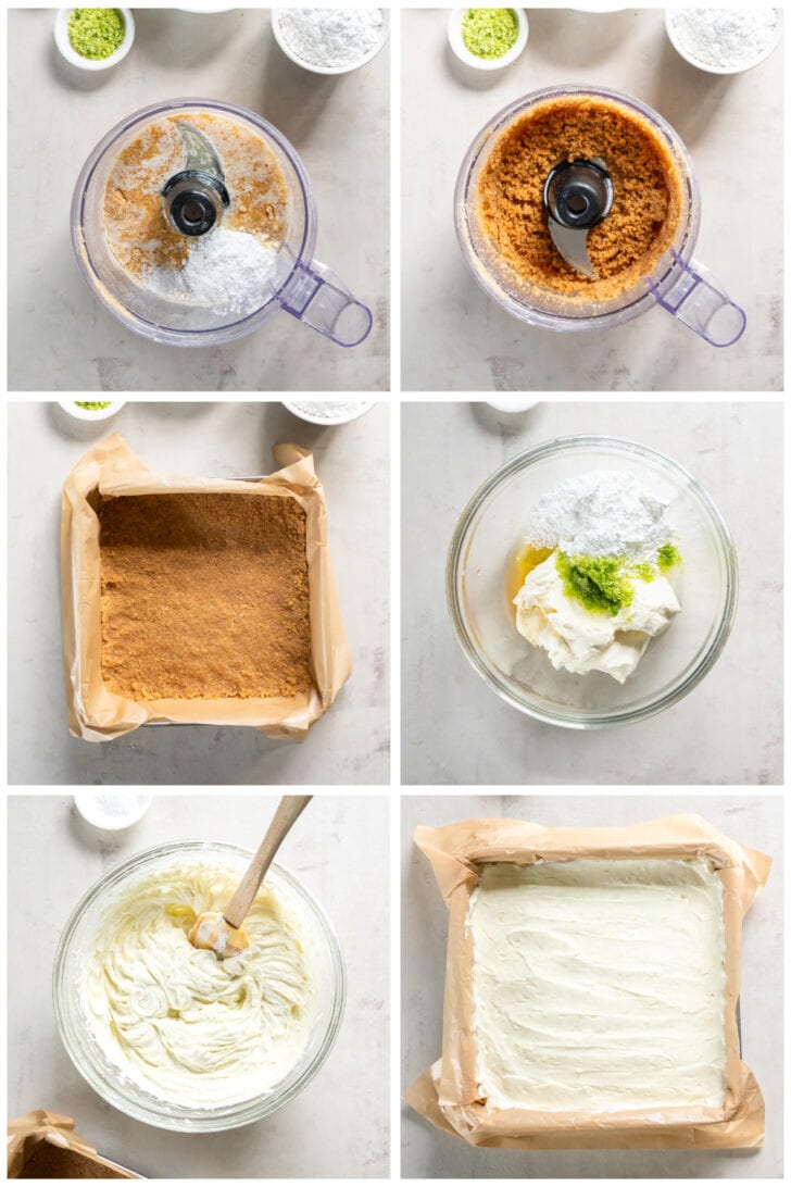 photo collage demonstrating how to make no bake margarita cheesecake bites in an 8x8 pan