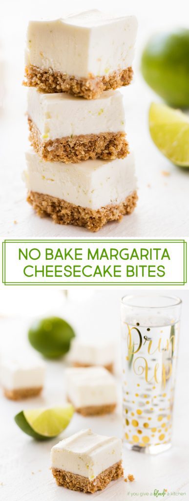 No bake margarita cheesecake bites are an east and tasty dessert to make for Cinco de Mayo or Taco Tuesday! The graham cracker crust is topped with lime flavored cheesecake and spiked with tequila. Use cream cheese and confectioners' sugar for a smooth cheesecake and sprinkle a little salt on top, just like a margarita! | Full Recipe on www.ifyougiveablondeakitchen.com