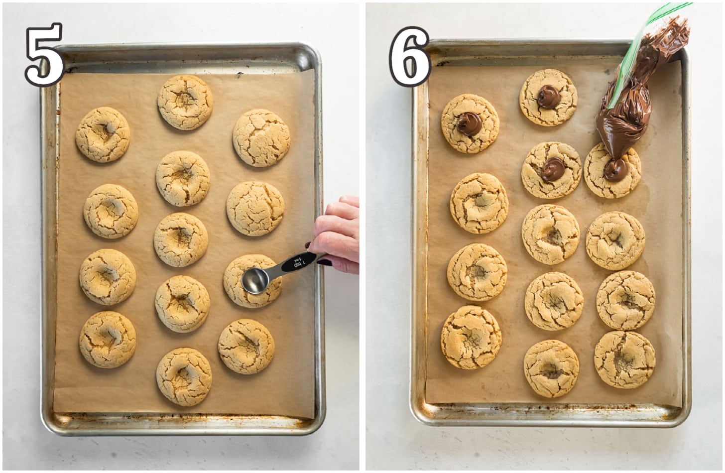 photo collage demonstrating how to add a thumbprint to peanut butter cookies and filling with nutella.