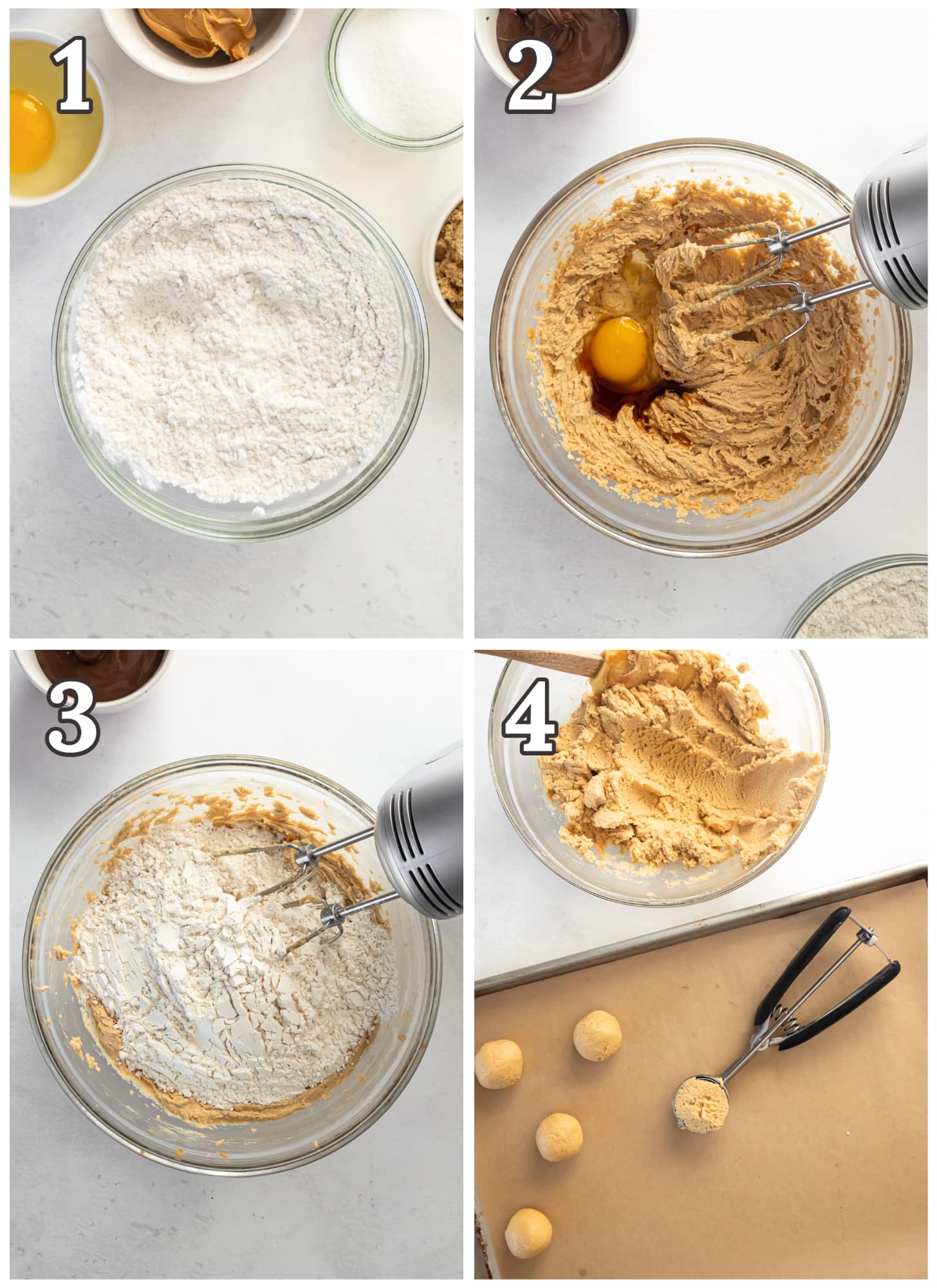 photo collage demonstrating how to make peanut butter cookie dough in a mixing bowl.