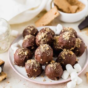 plate of chocolate covered smores truffles with graham crackers and mini marshmallows near plate