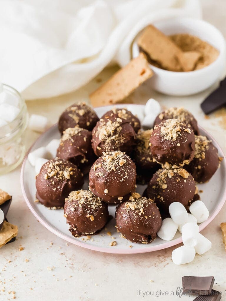 plate of chocolate covered smores truffles with graham crackers and mini marshmallows near plate