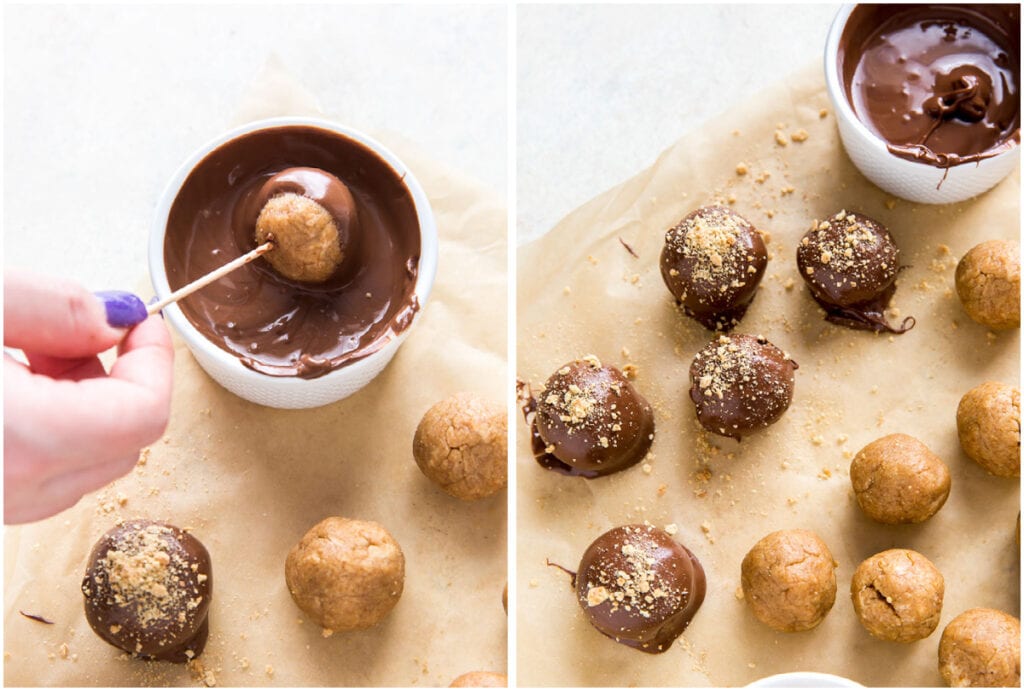 photo collage demonstrating how to dip smores truffles in melted chocolate