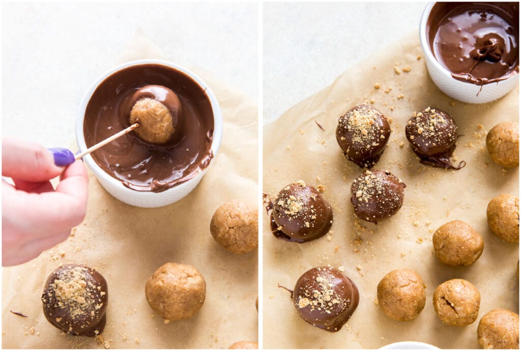 photo collage demonstrating how to dip smores truffles in melted chocolate