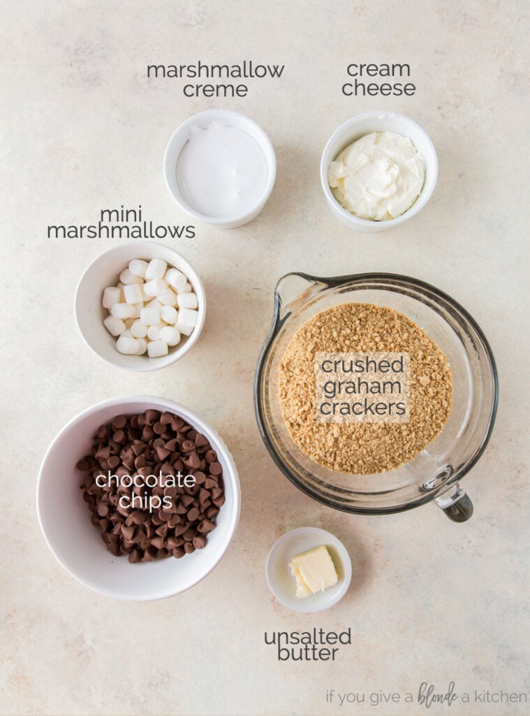 smores truffle ingredients in bowls labeled with text