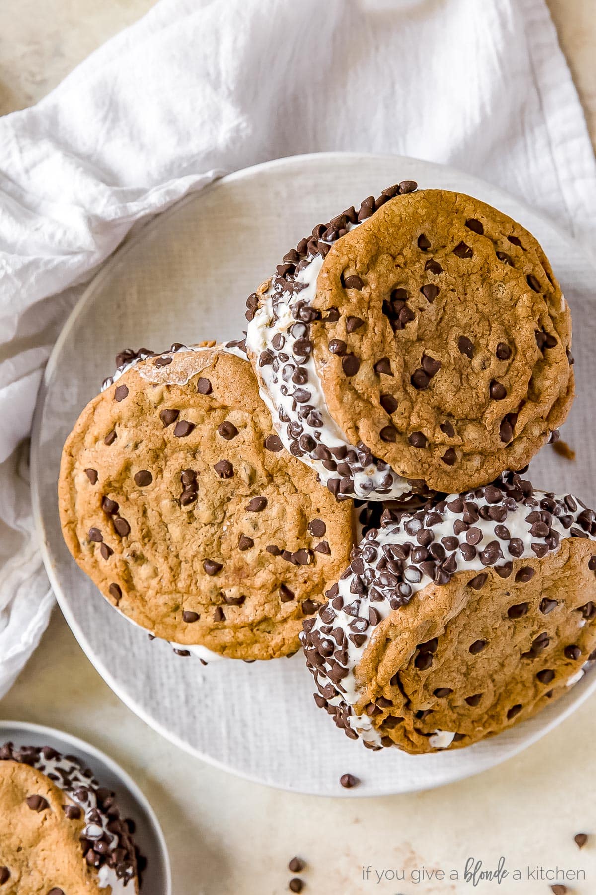 three chipwich ice cream sandwiches on plate with mini chocolate chips.