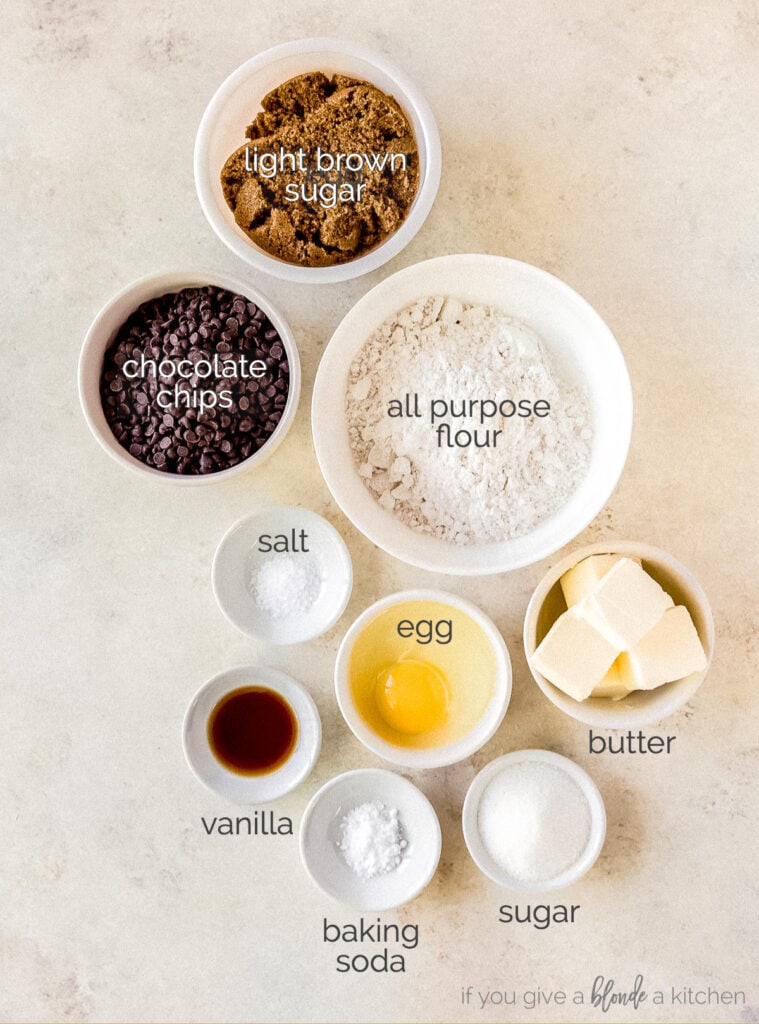 chocolate chip cookie recipe ingredients labeled with text