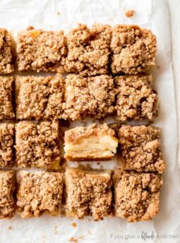 easy apple crisp bars crumble topping slice showing filling cut into squares