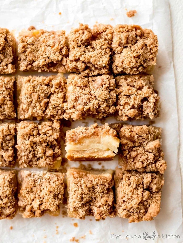 easy apple crisp bars crumble topping slice showing filling cut into squares