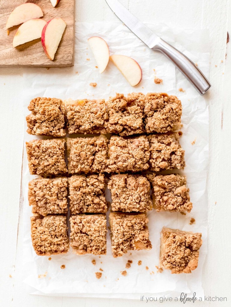 easy apple crisp bars with apple slices, knife, cutting board