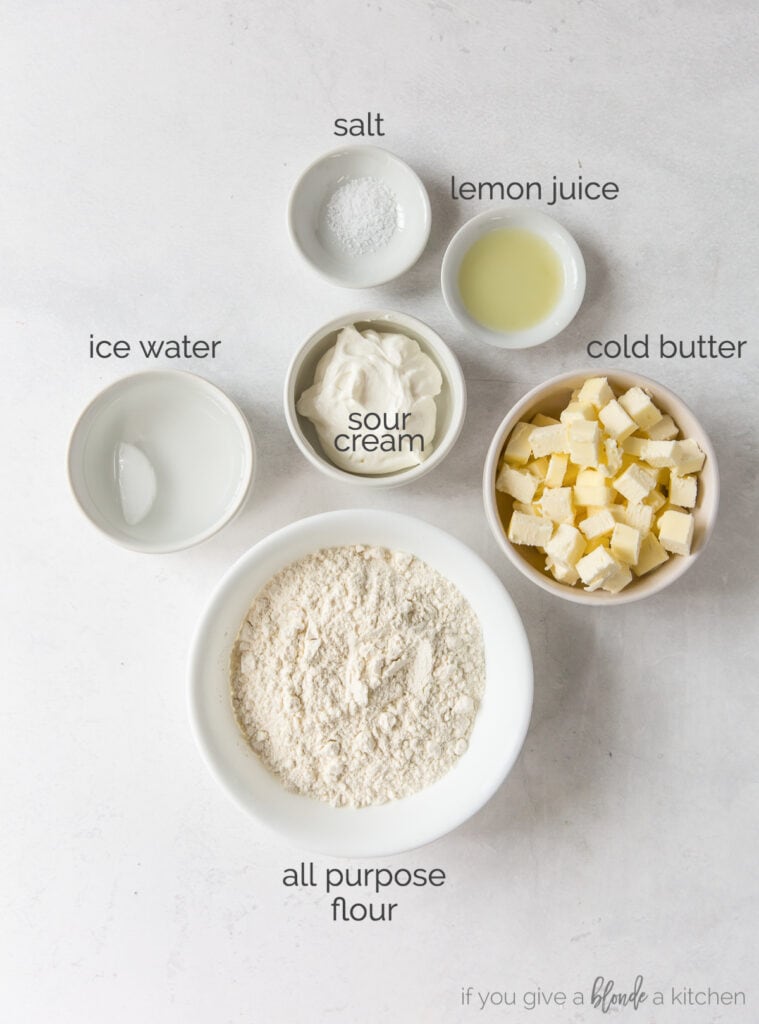 galette dough ingredients in bowls labeled with text