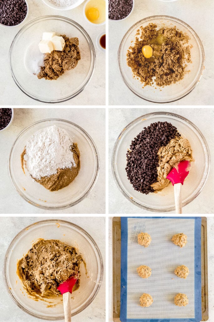 photo collage demonstrating how to make homemade chocolate chip cookies for ice cream sandwiches