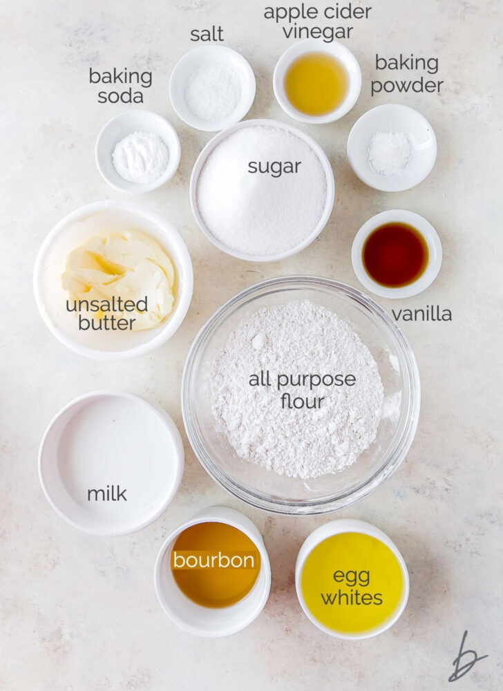 maple bourbon cupcakes ingredients in bowl labeled with text