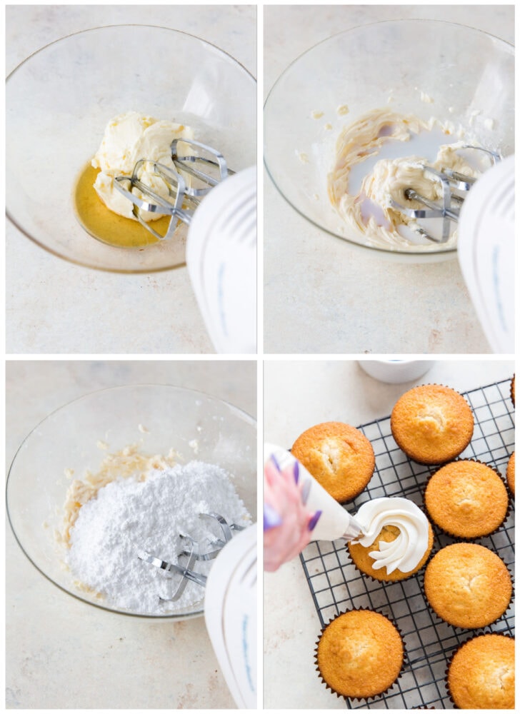 photo collage demonstrating how to make maple bourbon frosting in a mixing bowl with a hand mixer