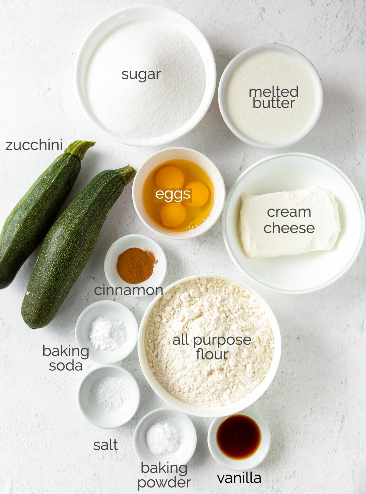 zucchini bundt cake ingredients in bowls labeled with text