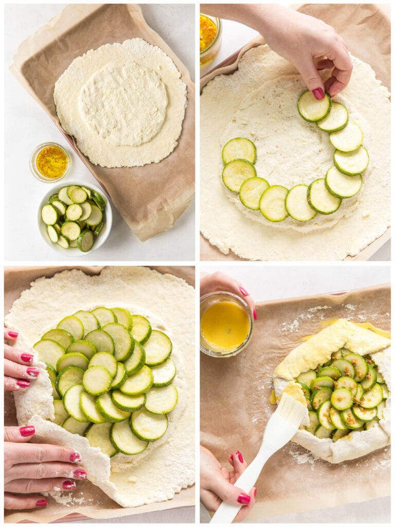 photo collage demonstrating assembly for zucchini galette