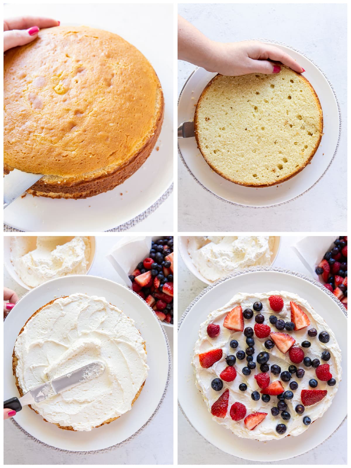 photo collage demonstrating how to assembly a triple berry layer cake
