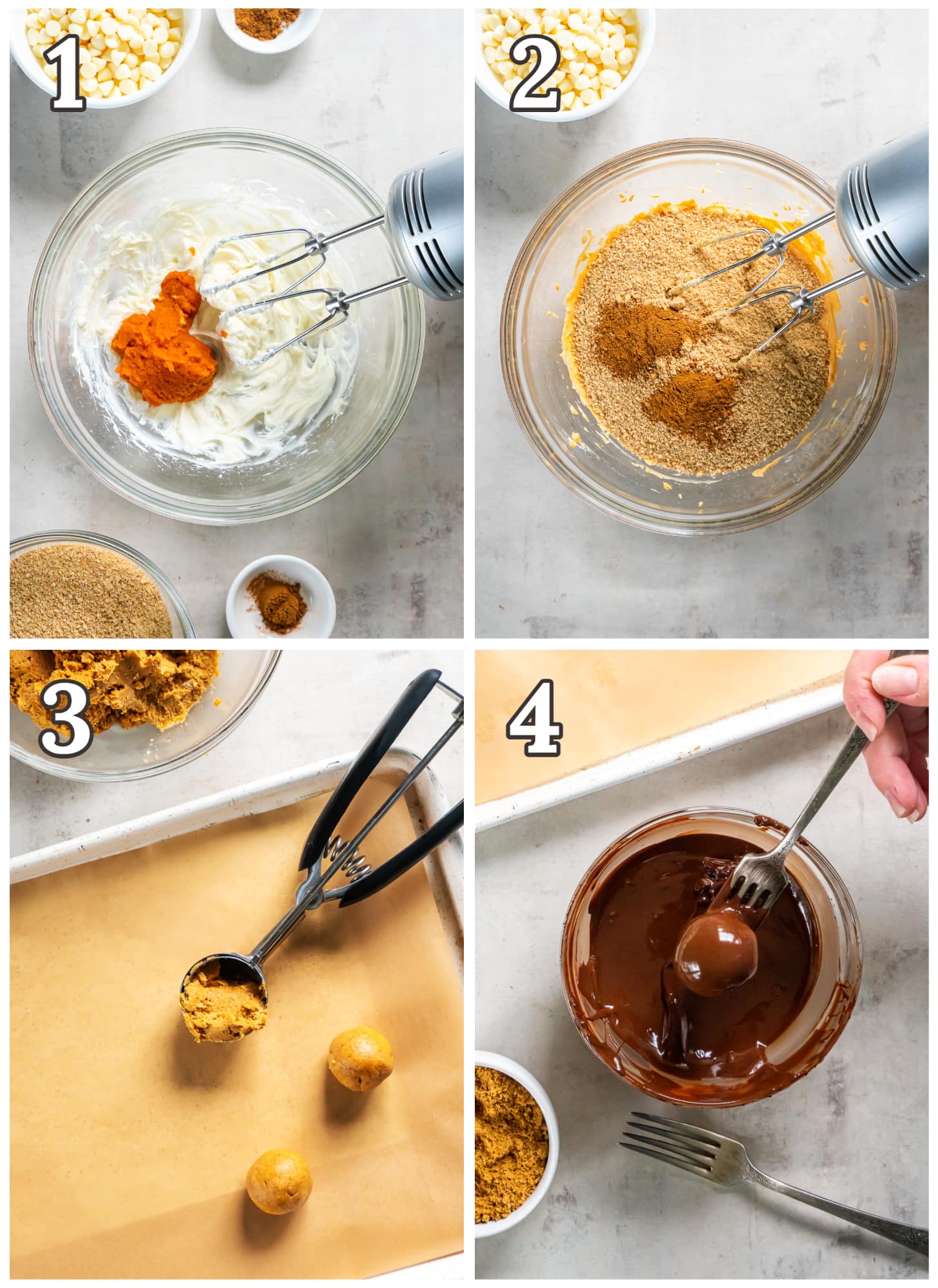 photo collage demonstrating how to make pumpkin truffles in a mixing bowl and scoop into balls.