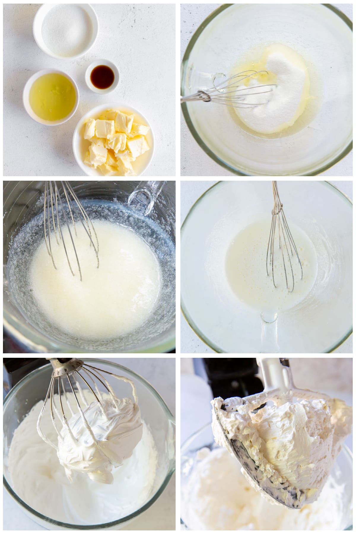 photo collage demonstrating how to make swiss meringue buttercream
