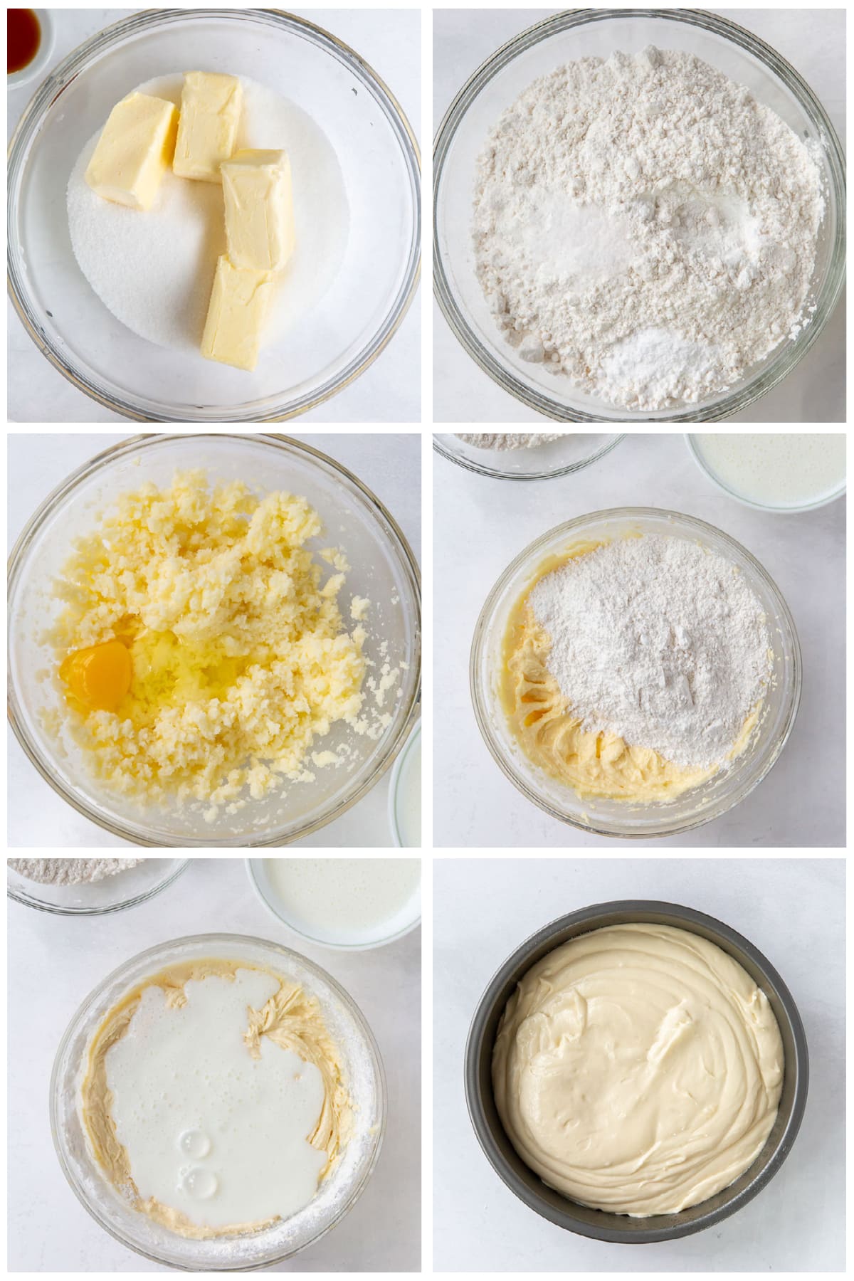 photo collage demonstrating how to make vanilla cake for triple berry layer cake