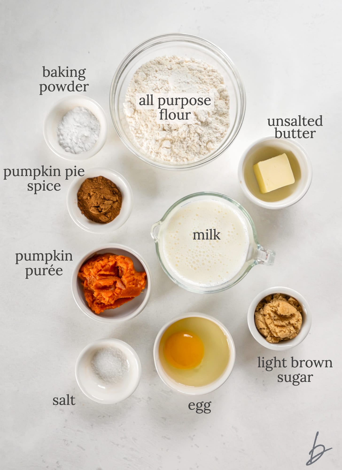 bowls of pumpkin pancake ingredients.