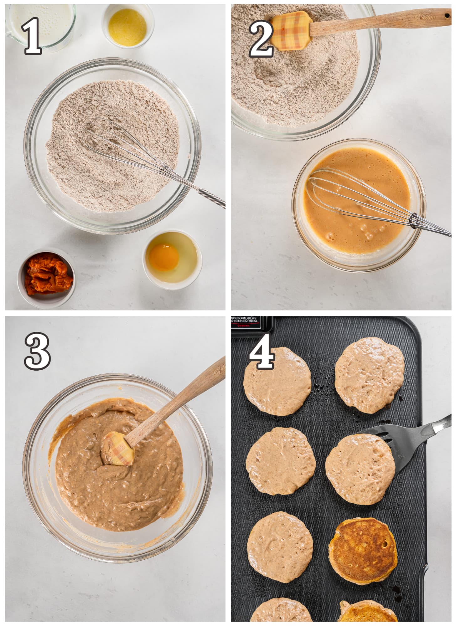 photo collage demonstrating how to make pumpkin pancake batter.