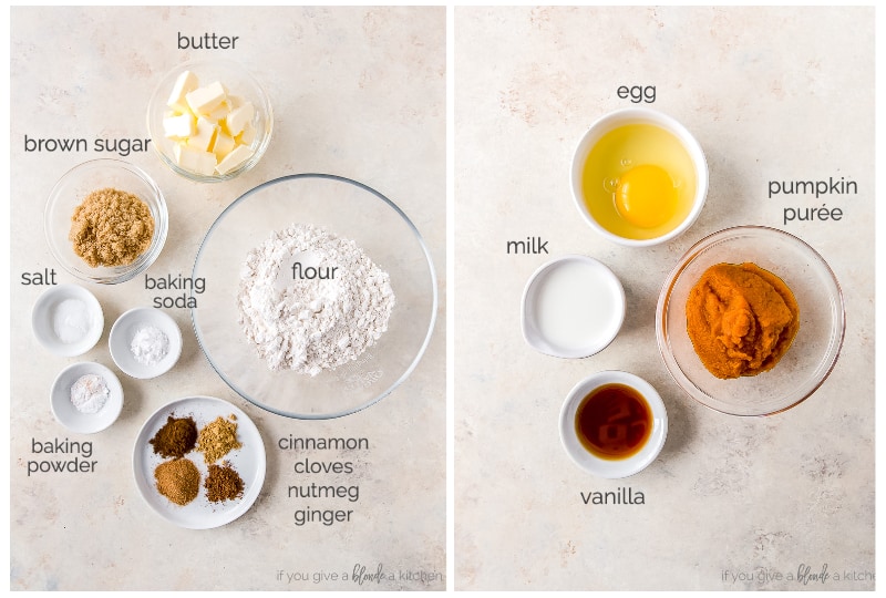 two photo collage of pumpkin scone ingredients labeled with text