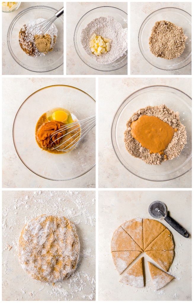photo collage demonstrating recipe steps to make pumpkin scones