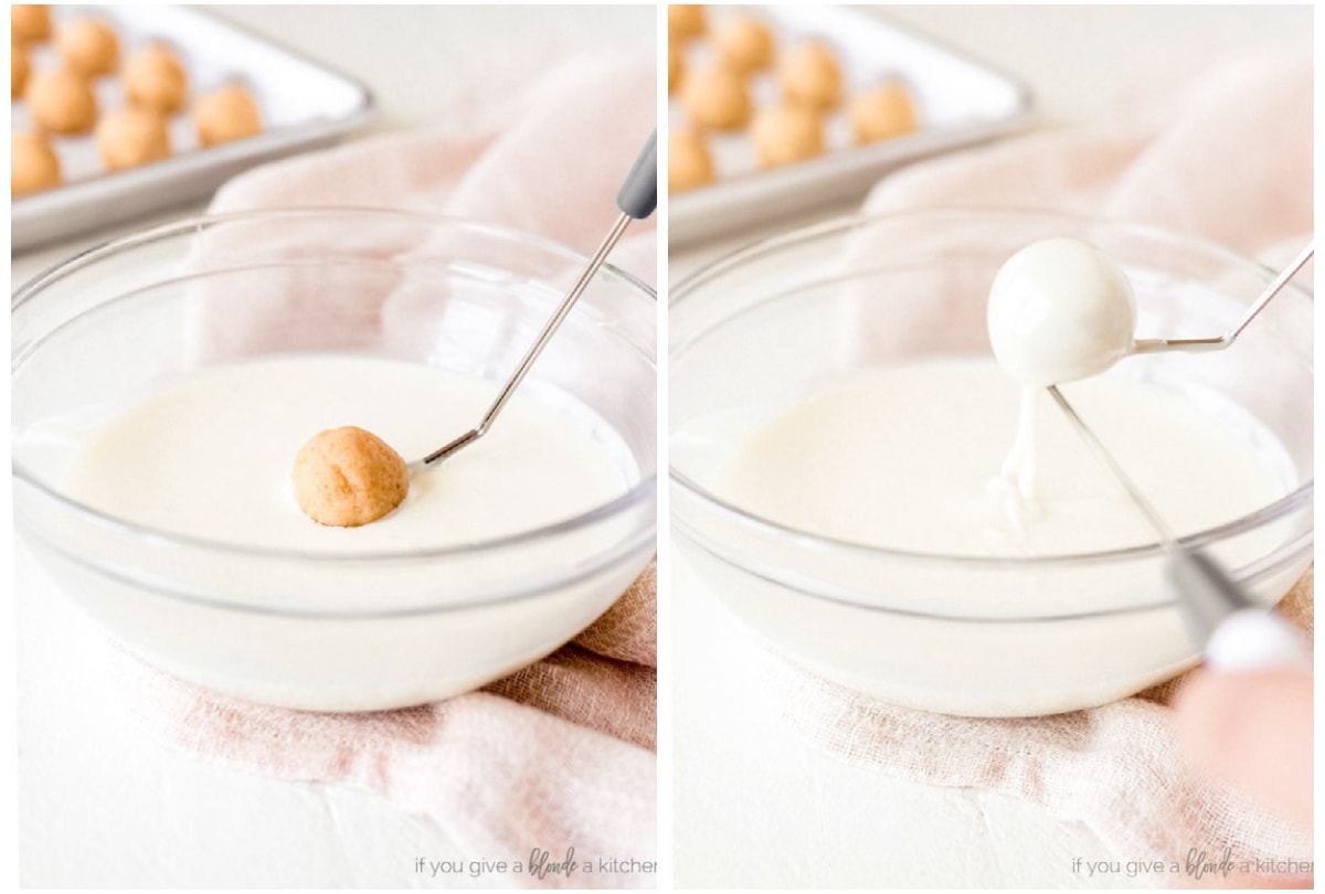 photo collage demonstrating how to dip sugar cookie truffle in melted white chocolate