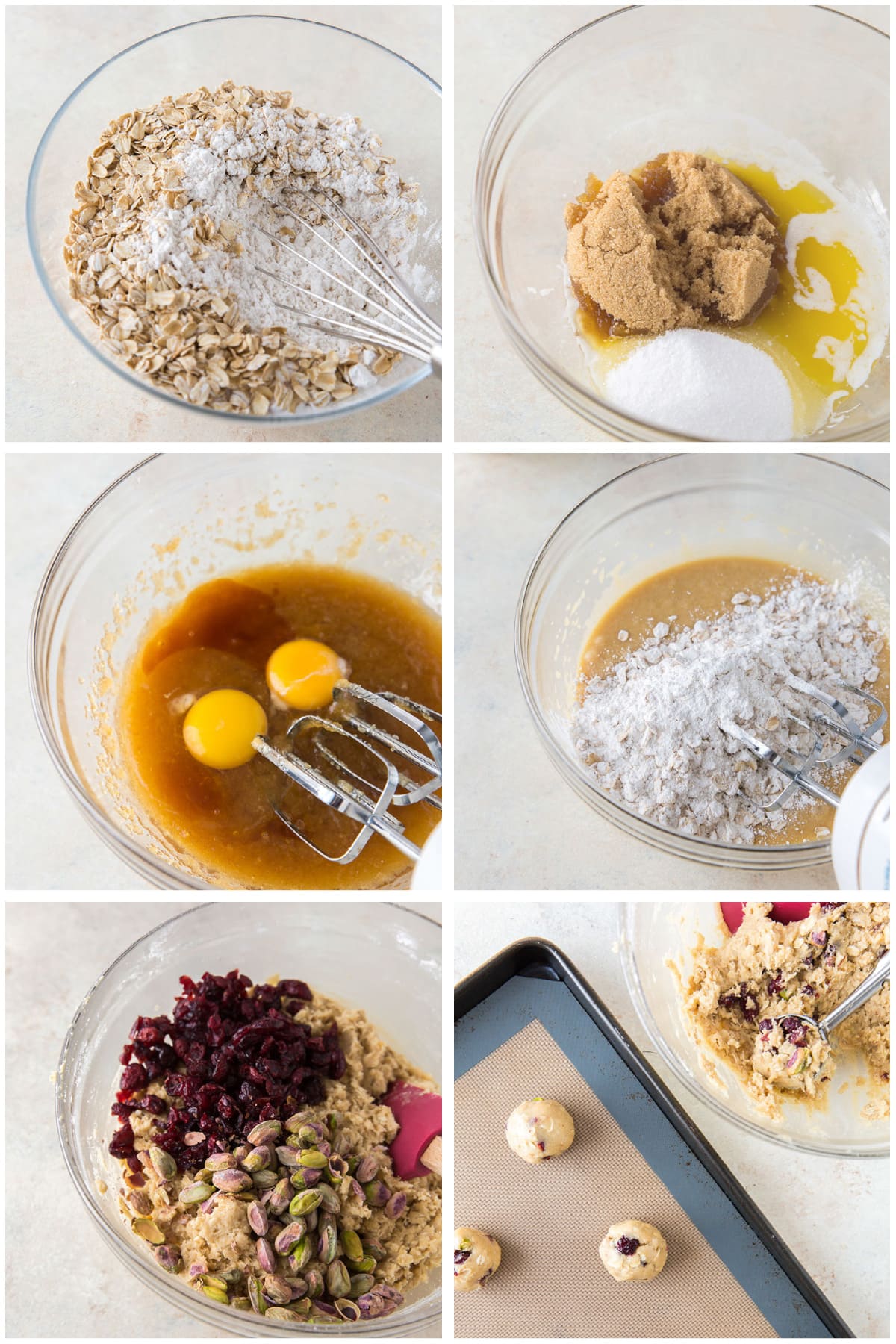 photo collage demonstrating how to make cranberry pistachio cookies in a mixing bowl.