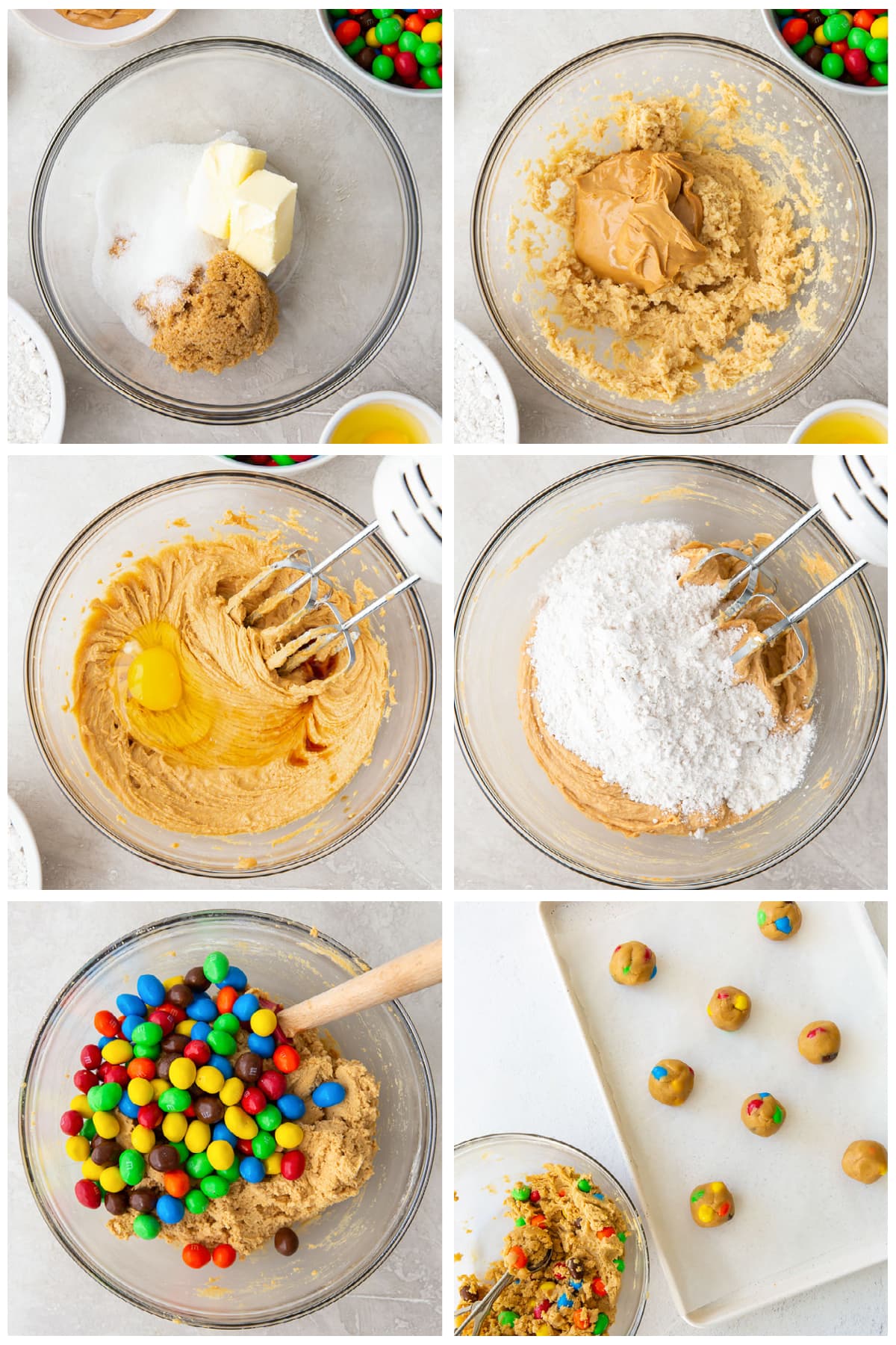 photo collage demonstrating how to make peanut m&m cookies