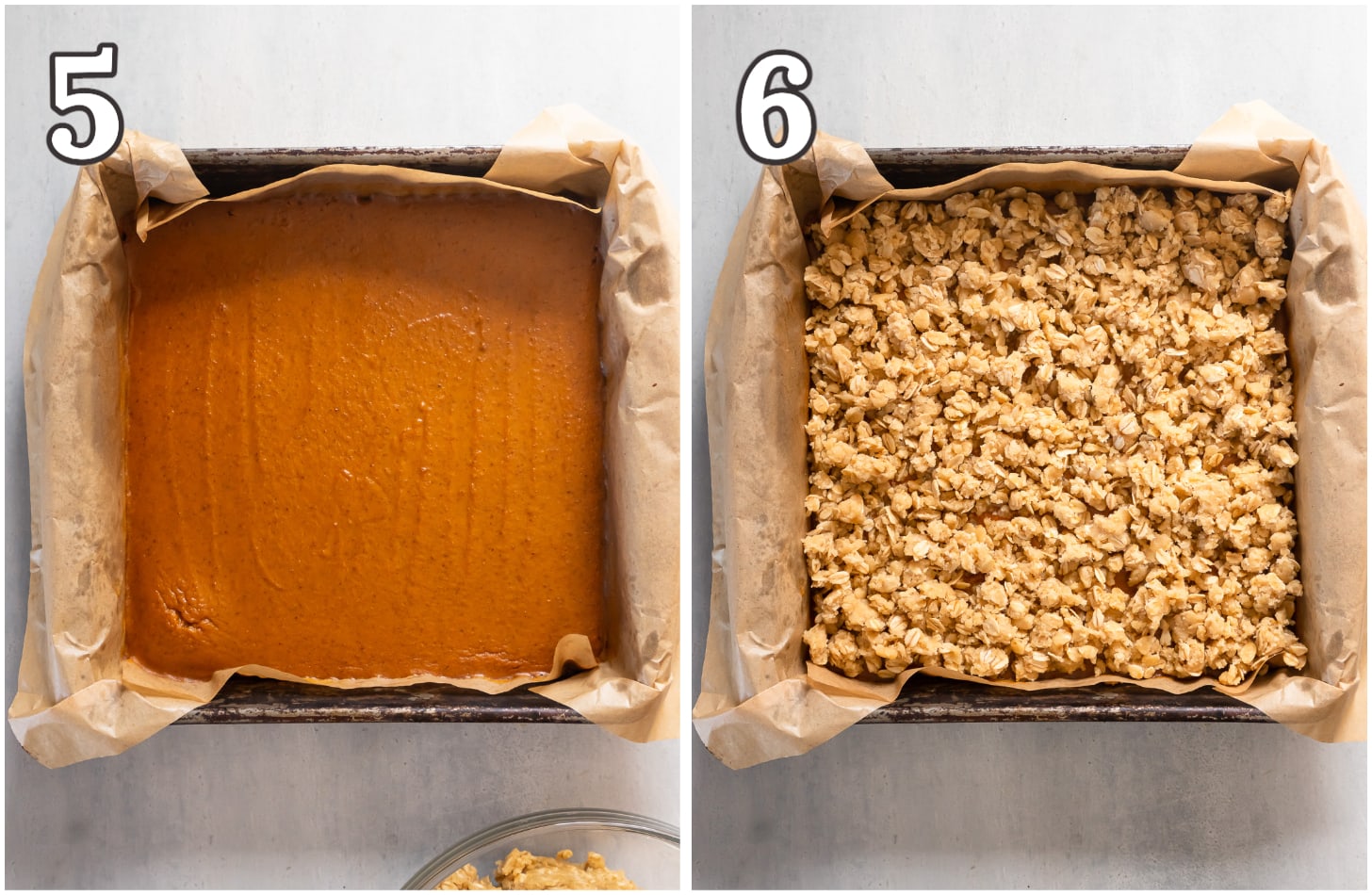 two photo collage demonstrating pumpkin pie filling after baking and adding crumble topping to bars.