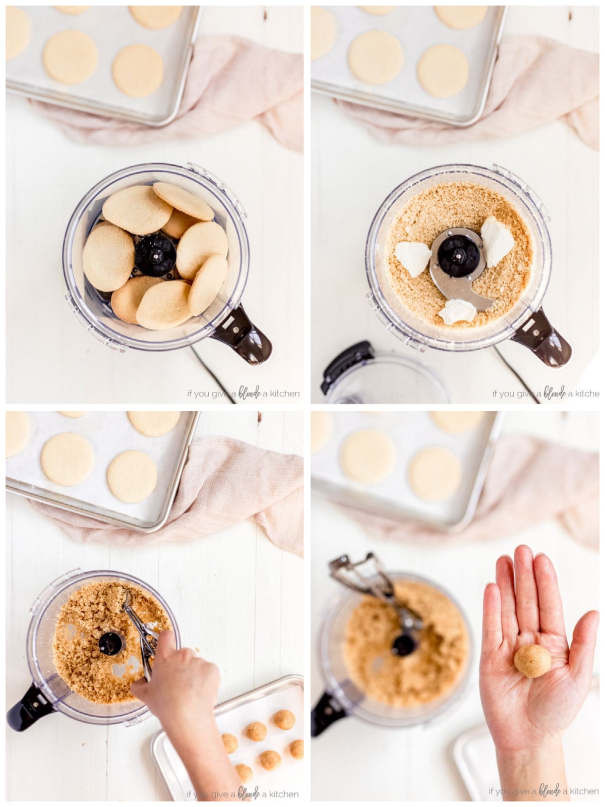 photo collage demonstrating how to make sugar cookie truffle dough in a food processor
