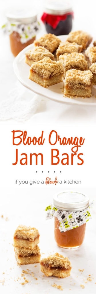 Blood orange bars are a twist on a family favorite. They're made with a simple shortbread crust, Bleuberet blood orange jam and a crumble oat topping. | www.ifyougiveablondeakitchen.com