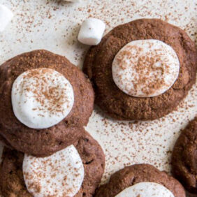 chocolate hot cocoa cookies topped with a marshmallow half and dusted with cocoa