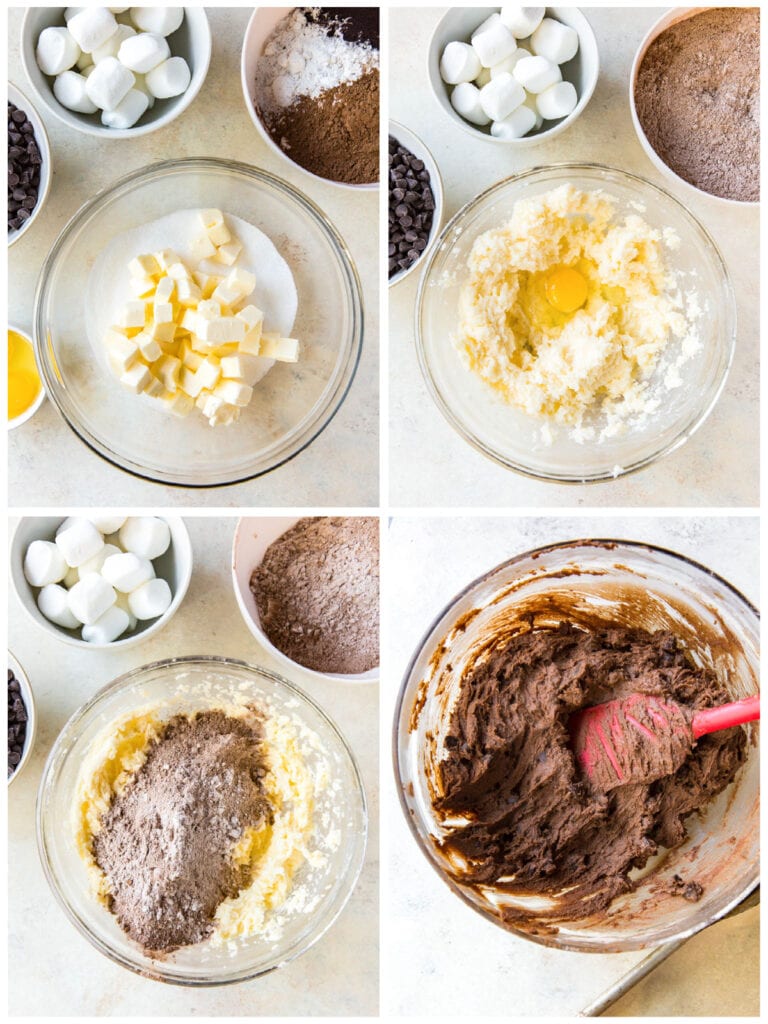 photo collage demonstrating how to make hot cocoa cookies in a mixing bowl