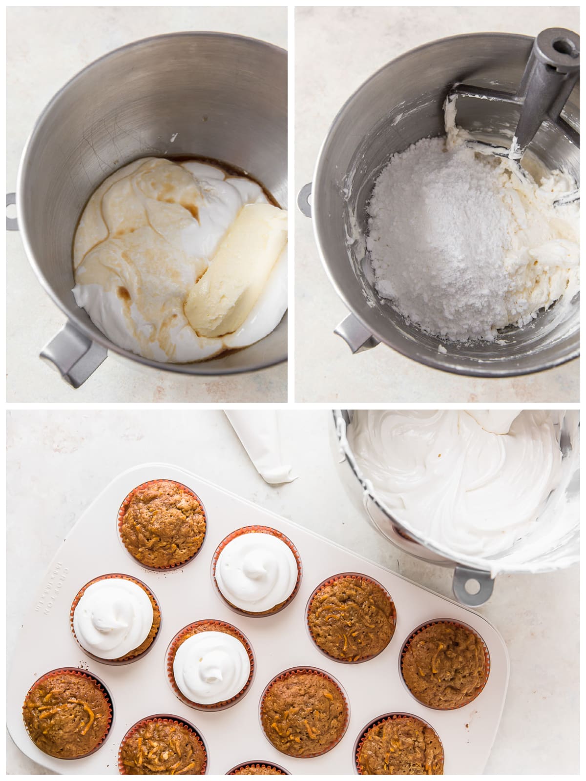 photo collage demonstrating how to make marshmallow frosting and add it to sweet potato cupcakes