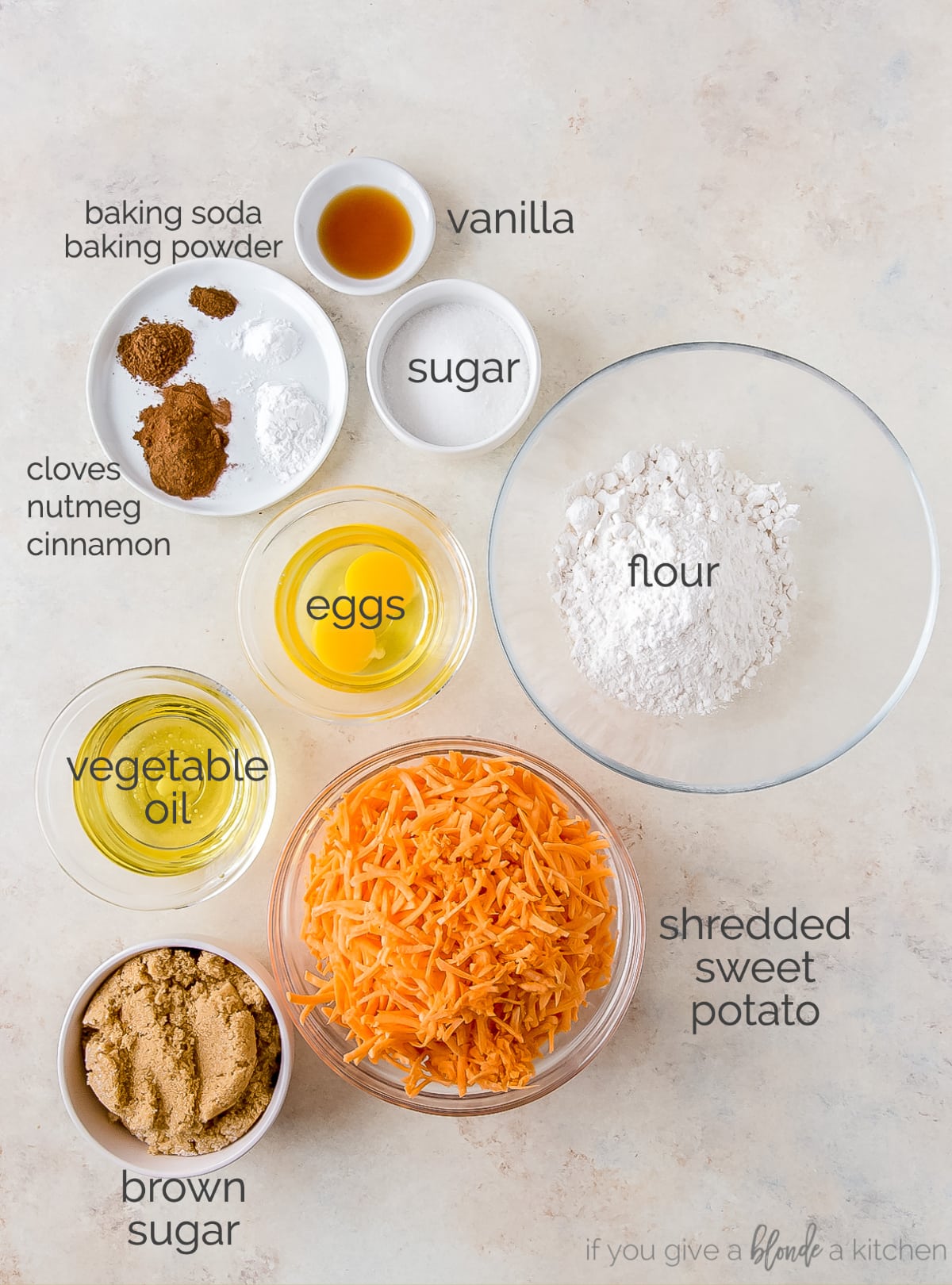 sweet potato cupcakes ingredients in bowls labeled with text