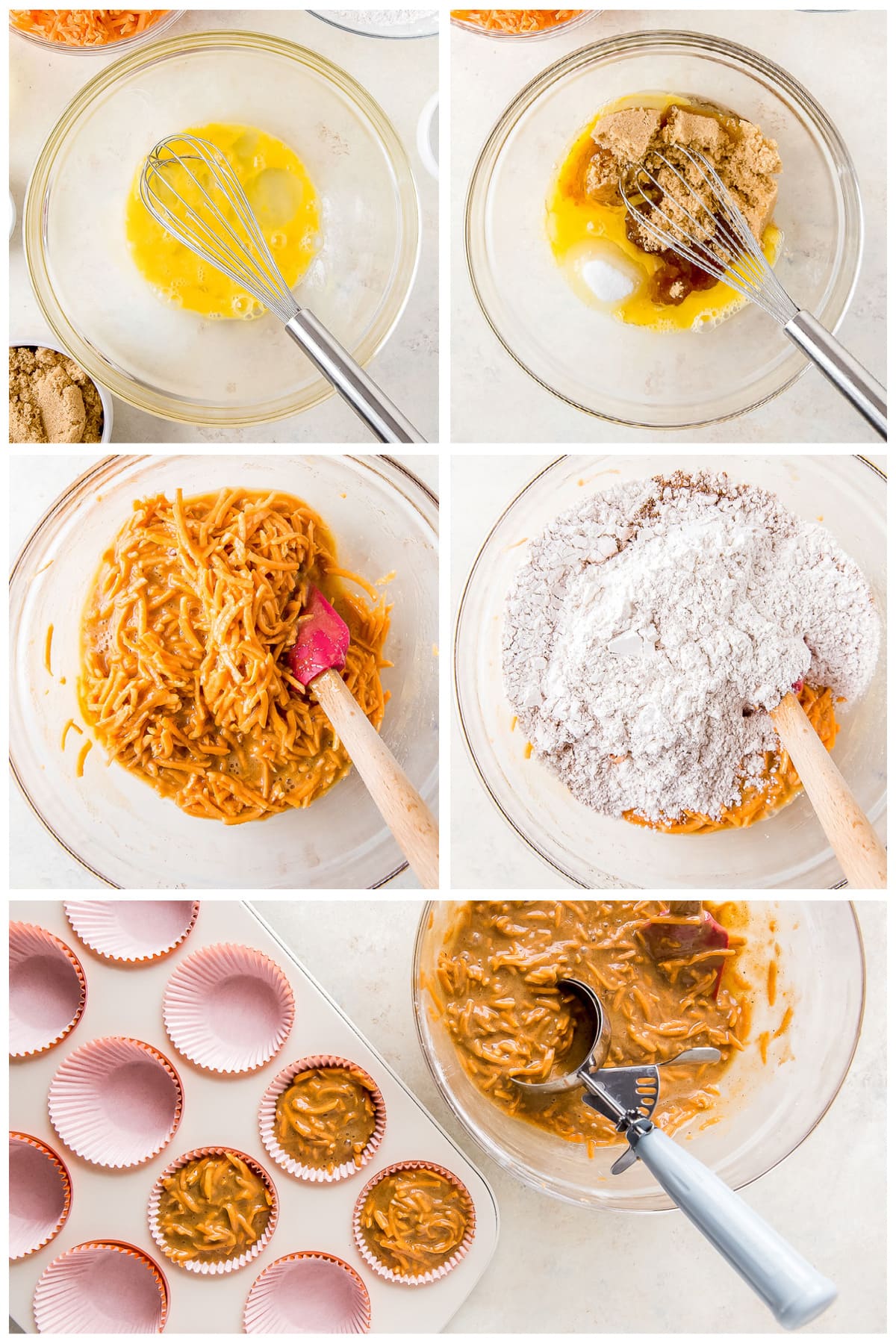 photo collage demonstrating how to make sweet potato cupcake batter.