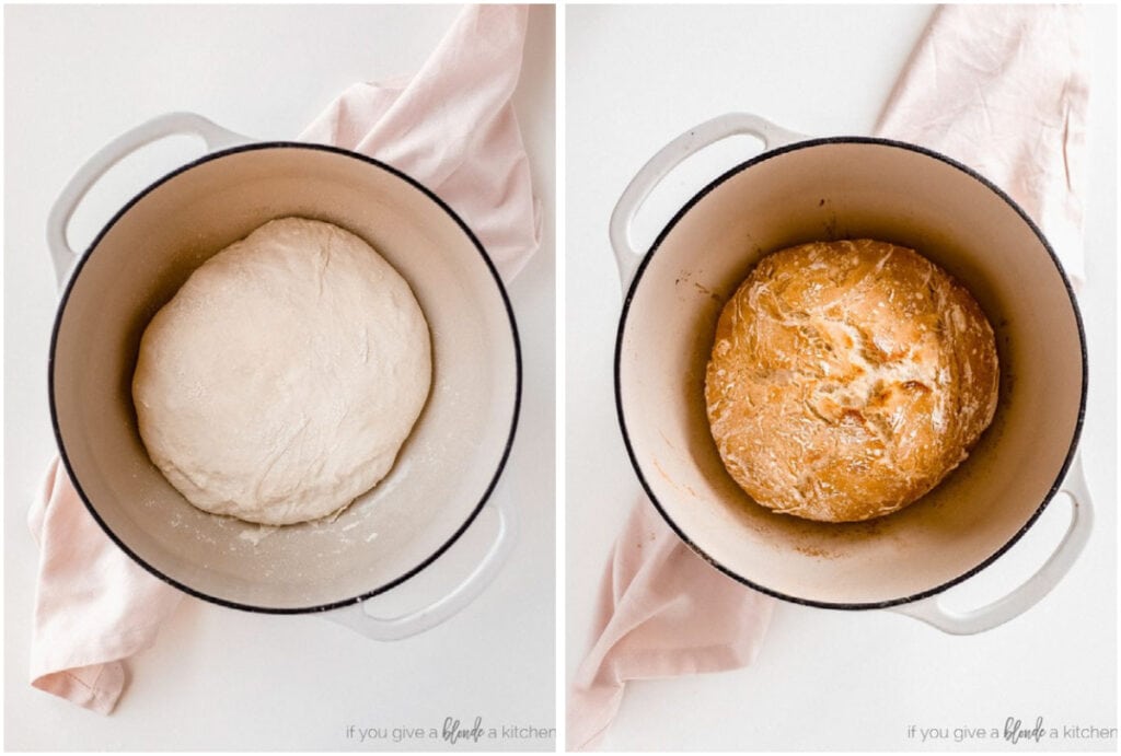 before and after no knead artisan bread baked in dutch oven