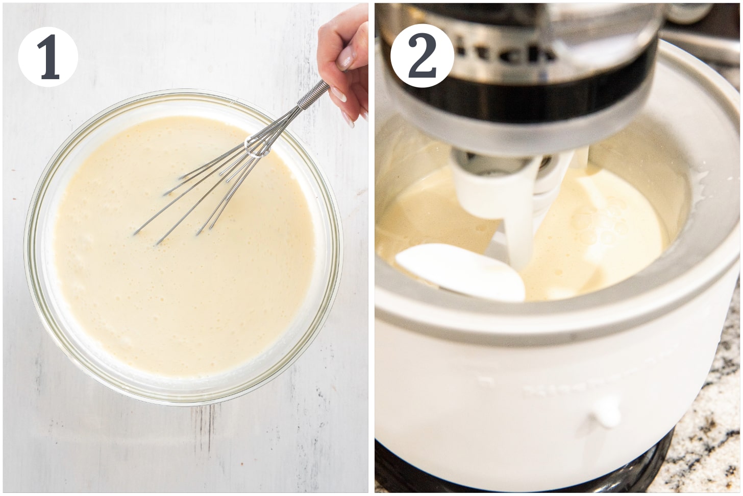 photo collage demonstrating how to make eggnog ice cream in an ice cream maker.
