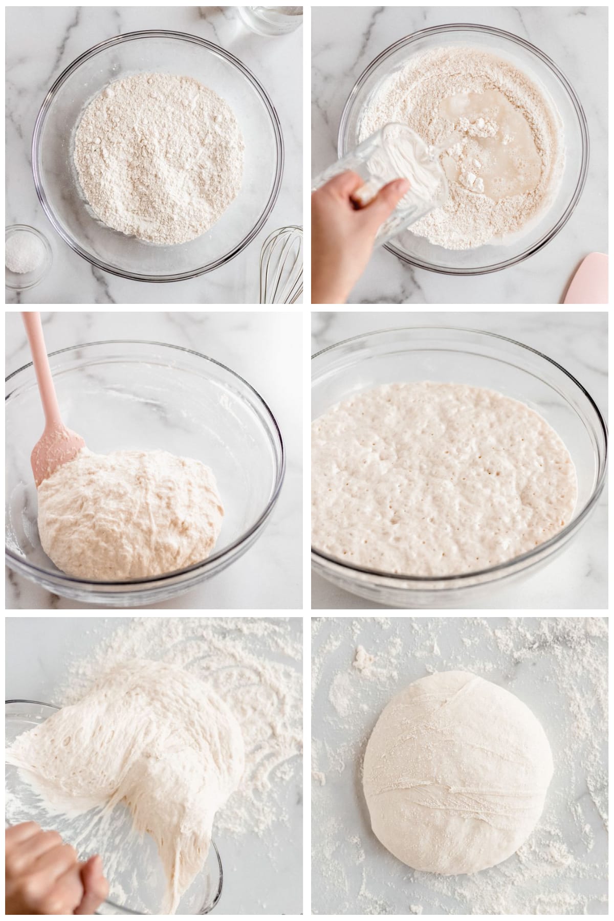 photo collage demonstrating how to make no knead artisan bread